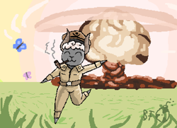Size: 708x512 | Tagged: safe, artist:bob-finnski, oc, oc only, arthropod, bovid, butterfly, caprine, insect, mammal, sheep, semi-anthro, bomb, clothes, explosion, general, happy, low res, male, military, military uniform, mushroom cloud, nuclear, pipe, pixel art, running, smiling, solo, solo male, tabacco pipe, uniform