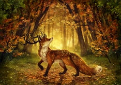 Size: 1903x1343 | Tagged: safe, artist:kanizoart, canine, fox, mammal, feral, 2021, ambiguous gender, antlers, autumn, forest, scenery, scenery porn, smiling, tail