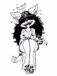 Size: 3000x4000 | Tagged: safe, artist:combelart, arthropod, canine, fly, insect, mammal, wolf, anthro, feral, barefoot, big breasts, black claws, bottle, breasts, claws, cleavage, ear piercing, earring, female, food, hair, hair over eyes, headwear, helmet, meat, piercing, sausage, sharp teeth, solo, solo female, teeth, toe claws, toes, tongue, tongue out, wide hips