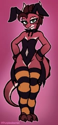 Size: 720x1555 | Tagged: safe, artist:purplealacran, fictional species, kobold, reptile, anthro, bunny ears, bunny suit, clothes, female, horns, legwear, leotard, solo, solo female, stockings, striped clothes, striped legwear, tail