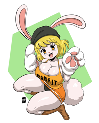 Size: 2926x3628 | Tagged: safe, artist:joaoppereiraus, carrot (one piece), fictional species, lagomorph, mammal, mink tribe, rabbit, anthro, one piece, 2021, big breasts, blonde hair, breasts, cleavage, clothes, female, hair, high res, long ears, looking at you, short tail, smiling, smiling at you, solo, solo female, tail, thick thighs, thighs