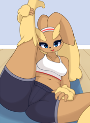 Size: 1000x1366 | Tagged: suggestive, artist:pinkcappachino, fictional species, lopunny, mammal, anthro, cc by-nc, creative commons, nintendo, pokémon, 2019, breasts, butt, clothes, female, long ears, looking at you, smiling, smiling at you, solo, solo female, spread legs, thighs