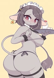 Size: 1000x1451 | Tagged: suggestive, artist:pinkcappachino, oc, oc only, oc:latte (whisperingfornothing), bovid, mammal, 2020, big breasts, big butt, black hair, breasts, butt, clothes, cow print, ears, hair, looking at you, looking back, looking back at you, smiling, smiling at you, tail, thick thighs, thighs