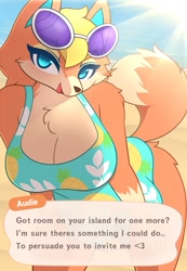 Size: 900x1303 | Tagged: safe, artist:pinkcappachino, audie (animal crossing), canine, mammal, wolf, anthro, animal crossing, animal crossing: new horizons, nintendo, 2020, big breasts, blonde hair, breasts, clothes, ears, female, glasses, glasses on head, hair, looking at you, smiling, smiling at you, solo, solo female, sunglasses, sunglasses on head, tail, thick thighs, thighs