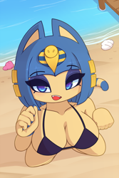 Size: 800x1200 | Tagged: suggestive, artist:pinkcappachino, ankha (animal crossing), cat, feline, mammal, animal crossing, nintendo, 2020, big breasts, bikini, blue hair, breasts, clothes, ears, female, hair, looking at you, smiling, smiling at you, solo, solo female, swimsuit, tail, thick thighs, thighs