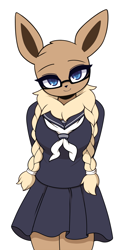 Size: 900x1800 | Tagged: safe, artist:pinkcappachino, eevee, eeveelution, fictional species, mammal, anthro, nintendo, pokémon, 2020, arms behind back, blue eyes, bottomwear, braid, breasts, brown body, brown fur, clothes, cute, ears, female, fur, glasses, hair, looking at you, meganekko, school uniform, simple background, skirt, smiling, smiling at you, solo, solo female, white background