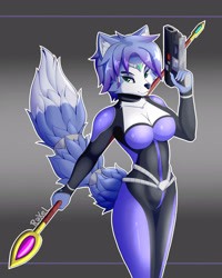 Size: 2135x2665 | Tagged: safe, artist:raxelnsfw, krystal (star fox), canine, fox, mammal, anthro, nintendo, star fox, 2021, black nose, breasts, clothes, digital art, ears, eyelashes, female, fur, gun, hair, handgun, high res, looking at you, simple background, solo, solo female, spear, suit, tail, thighs, vixen, weapon, wide hips