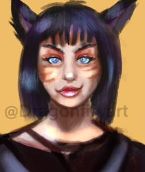 Size: 2979x3530 | Tagged: safe, artist:dragonfiry, oc, animal humanoid, fictional species, mammal, miqo'te, humanoid, final fantasy, final fantasy xiv, square enix, blue eyes, bust, cyan eyes, female, hair, high res, portrait, simple background, slit pupils, solo, solo female, speed paint, watermark
