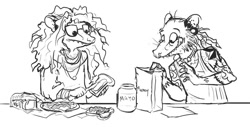 Size: 800x406 | Tagged: safe, artist:skurvies, mammal, marsupial, opossum, anthro, bread, brother, brother and sister, duo, female, food, glasses, hippie, male, mayonnaise, siblings, sister, tattoo