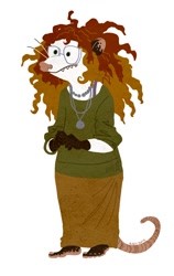 Size: 500x790 | Tagged: safe, artist:skurvies, mammal, marsupial, opossum, anthro, barefoot, clothes, feet, female, glasses, hair, hippie, jewelry, necklace, red hair, solo, solo female, sweater, toes, topwear