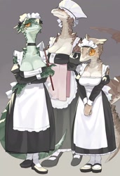 Size: 1725x2522 | Tagged: safe, artist:kame, lizard, reptile, anthro, 2021, big breasts, breasts, cleavage, clothes, female, females only, horns, maid, maid outfit, scales, tail, trio, trio female