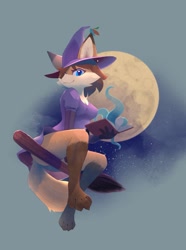 Size: 1069x1435 | Tagged: safe, artist:b-epon, canine, fox, mammal, red fox, anthro, digitigrade anthro, 2021, blue eyes, book, breasts, broom, brown hair, brown nose, clothes, cute, ears, featured image, female, fluff, flying, full moon, gloves (arm marking), hair, halloween, hat, headwear, holiday, looking at you, moon, paws, smiling, smiling at you, socks (leg marking), solo, solo female, tail, tail fluff, thighs, vixen, witch hat