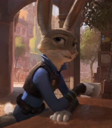 Size: 3000x3425 | Tagged: safe, artist:loafyfloff, judy hopps (zootopia), lagomorph, mammal, rabbit, anthro, disney, zootopia, 2021, belt, blue eyes, cafe, clothes, coffee, coffee cup, drink, drinking, ears, female, fur, gray body, gray fur, high res, looking at you, police uniform, sitting, solo, solo female, tail