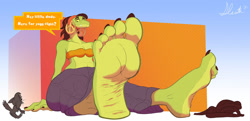 Size: 1280x618 | Tagged: safe, artist:the-sleuth, oc, oc:dawn (silverscarf), cat, feline, mammal, reptile, snake, anthro, plantigrade anthro, 2021, barefoot, bottomwear, breasts, clothes, duo, feet, female, fetish, flip flops, foot fetish, foot focus, giant, giantess, hippie, macro, male, micro, pants, sandals, shoes, sitting, small breasts, soles, toe claws, toes, vine snake, yoga