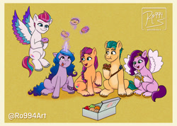 Size: 1920x1365 | Tagged: safe, artist:ro994, hitch trailblazer (mlp), izzy moonbow (mlp), pipp petals (mlp), sunny starscout (mlp), zipp storm (mlp), earth pony, equine, fictional species, mammal, pegasus, pony, unicorn, feral, hasbro, my little pony, my little pony g5, my little pony: a new generation, spoiler, spoiler:my little pony g5, 2021, doughnut, eating, feathered wings, feathers, female, flying, food, glowing, glowing horn, group, horn, male, mane five (mlp g5), mare, phone, stallion, tail, telekinesis, tongue, tongue out, white wings, wings
