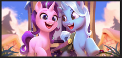 Size: 2219x1053 | Tagged: safe, artist:imalou, starlight glimmer (mlp), trixie (mlp), arthropod, equine, fictional species, insect, ladybug, mammal, pony, unicorn, feral, friendship is magic, hasbro, my little pony, my little pony g5, spoiler:my little pony g5, 2018, blank flank, caravan, cheek fluff, cute, duo, duo female, female, females only, fluff, happy, horn, mare, open mouth, signature, singing, tail