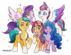 Size: 1520x1182 | Tagged: safe, artist:sky99322427, hitch trailblazer (mlp), izzy moonbow (mlp), pipp petals (mlp), sunny starscout (mlp), zipp storm (mlp), earth pony, equine, fictional species, mammal, pegasus, pony, unicorn, feral, hasbro, my little pony, my little pony g5, spoiler, spoiler:my little pony g5, 2021, bracelet, circlet, coat markings, colored wings, feathered wings, feathers, female, group, horn, jewelry, male, mane five (mlp g5), mare, one eye closed, open mouth, selfie, simple background, smiling, socks (coat markings), stallion, tail, white background, wings