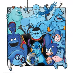 Size: 1829x1832 | Tagged: safe, artist:linda bouderbala, blu (rio), cookie monster (sesame street), dory (finding nemo), dr. manhattan (watchmen), eeyore (winnie-the-pooh), genie (aladdin), james p. sullivan (monsters inc.), king kai (dragon ball), mega man (mega man), megamind (character), mystique (x-men), sadness (inside out), sonic the hedgehog (sonic), stitch (lilo & stitch), alien, bird, blue tang, core person, donkey, equine, experiment (lilo & stitch), fictional species, fish, genie, living plushie, macaw, mammal, monster, mutant (marvel), parrot, robot, smurf, spix's macaw, anthro, feral, humanoid, semi-anthro, aladdin (disney franchise), blue sky studios, capcom, dc comics, disney, dragon ball (series), dragon ball z, finding nemo, inside out, lilo & stitch, marvel, mega man (series), megamind, monsters inc., pbs, pixar, rio, sega, sesame street, sonic the hedgehog (series), the smurfs, watchmen, winnie-the-pooh, x-men, 2018, 4 fingers, 5 fingers, beak, beard, big forehead, black beak, black hair, black nose, blue, blue body, blue claws, blue feathers, blue fur, blue nose, blue scales, blue theme, bracelet, chocolate, chocolate chip cookies, claws, clothes, cookie, ears, emotion, emotion (inside out), empty eyes, eyebrows, facial hair, fanny pack, feathers, female, fishbowl, flying, food, fur, furs, glasses, green eyes, grin, hair, hairstyle, hat, headwear, horns, jewelry, looking at you, male, monsters, mutant, nudity, open mouth, open smile, partial nudity, plushie, raised eyebrow, raised inner eyebrows, red hair, rope, scales, smiling, sunglasses, tongue, tongue out, topless, torn ear, traditional art, wall of tags, white eyes, white gloves, white hat