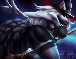 Size: 1280x988 | Tagged: safe, alternate version, artist:mononi, loona (vivzmind), canine, fictional species, hellhound, mammal, anthro, hazbin hotel, helluva boss, 2021, big breasts, big butt, breasts, butt, clothes, female, gray hair, hair, halloween, hat, headwear, holiday, long hair, looking at you, looking back, looking back at you, smiling, smiling at you, solo, solo female, thick thighs, thighs, witch hat