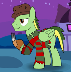 Size: 545x557 | Tagged: safe, artist:didgereethebrony, freddy krueger (a nightmare on elm street), oc, oc only, oc:didgeree, equine, fictional species, mammal, pegasus, pony, feral, a nightmare on elm street, friendship is magic, hasbro, my little pony, 2021, clothes, costume, feathered wings, feathers, folded wings, halloween, halloween costume, male, nightmare night costume, solo, solo male, wings
