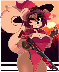 Size: 3000x3700 | Tagged: safe, artist:wirelessshiba, oc, oc only, oc:shelly (wirelessshiba), mammal, rodent, squirrel, anthro, breasts, cleavage, clothes, female, gun, hat, headwear, heart, high res, looking at you, one eye closed, shotgun, smiling, smiling at you, solo, solo female, weapon, witch hat