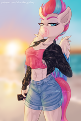 Size: 1200x1800 | Tagged: safe, artist:shad0w-galaxy, zipp storm (mlp), equine, fictional species, mammal, pegasus, pony, anthro, hasbro, my little pony, my little pony g5, spoiler:my little pony g5, 2021, abs, anthrofied, belly button, bottomwear, clothes, ear piercing, eyelid piercing, feathered wings, feathers, female, looking at you, mare, midriff, muscles, phone, piercing, shorts, solo, solo female, tail, wings