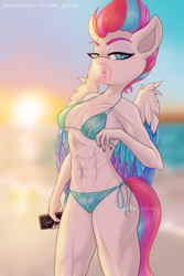 Size: 1200x1800 | Tagged: suggestive, artist:shad0w-galaxy, zipp storm (mlp), equine, fictional species, mammal, pegasus, pony, anthro, hasbro, my little pony, my little pony g5, spoiler:my little pony g5, 2021, abs, absolute cleavage, anthrofied, belly button, bottomwear, breasts, cleavage, clothes, feathered wings, feathers, female, looking at you, mare, midriff, muscles, phone, piercing, shorts, solo, solo female, swimsuit, tail, wings