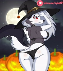 Size: 3614x4096 | Tagged: suggestive, alternate version, artist:raydonxd, loona (vivzmind), canine, fictional species, hellhound, mammal, anthro, hazbin hotel, helluva boss, 2021, big breasts, big butt, bikini, breasts, butt, clothes, ears, female, gray hair, hair, halloween, hat, headwear, holiday, jack-o-lantern, long hair, looking at you, looking back, looking back at you, pumpkin, smiling, smiling at you, solo, solo female, swimsuit, tail, thick thighs, thighs, witch hat