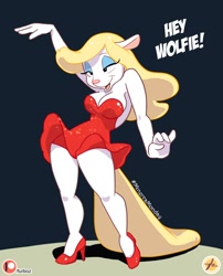 Size: 600x742 | Tagged: suggestive, artist:furboz, minerva mink (animaniacs), mammal, mink, mustelid, anthro, animaniacs, warner brothers, 2020, bedroom eyes, blonde hair, breasts, clothes, digital art, dress, eyelashes, eyeshadow, female, fur, hair, makeup, open mouth, pink nose, red clothes, red dress, simple background, solo, solo female, talking, white body, white fur