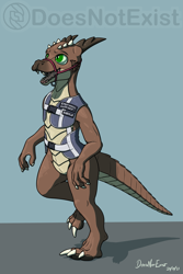 Size: 1333x2000 | Tagged: safe, artist:doesnotexist, oc, oc:bryce daeless, oc:bryce daeless (kobold), fictional species, kobold, reptile, anthro, digitigrade anthro, 2021, 4 fingers, 4 toes, ambiguous gender, brown scales, clothes, countershading, dewclaw, digital art, fangs, featureless crotch, green eyes, halter, horn, horns, looking up, on one leg, open mouth, open smile, scales, sharp teeth, slit pupils, smiling, solo, solo ambiguous, standing, subscribestar, tack, tail, tan scales, teeth, tongue, topwear, vest, watermark