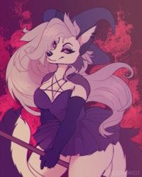 Size: 1500x1875 | Tagged: safe, artist:necromeowncer, loona (vivzmind), canine, fictional species, hellhound, mammal, anthro, hazbin hotel, helluva boss, 2021, big breasts, breasts, clothes, ears, female, grass, gray hair, hair, halloween, hat, headwear, holiday, long hair, looking at you, smiling, smiling at you, solo, solo female, tail, thick thighs, thighs, witch hat