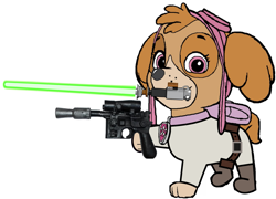 Size: 2889x2075 | Tagged: safe, artist:mega-poneo, skye (paw patrol), canine, cockapoo, dog, mammal, feral, nickelodeon, paw patrol, star wars, blaster, cosplay, crossover, energy weapon, female, goggles, gun, high res, lightsaber, luke skywalker (star wars), self upload, solo, solo female, weapon