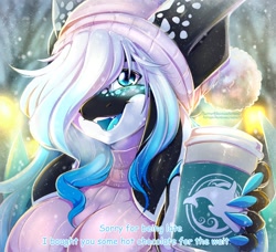 Size: 1600x1460 | Tagged: safe, artist:rainbowscreen, oc, oc only, oc:penelope (rainbowscreen), cetacean, dragon, fictional species, hybrid, mammal, orca, orcadragon, anthro, 2021, big breasts, blushing, breasts, clothes, coffee cup, digital art, drink, ears, eyelashes, female, hair, horn, hot chocolate, looking at you, one eye closed, open mouth, scales, snow, solo, solo female, sweater, tail, tongue, topwear, wings