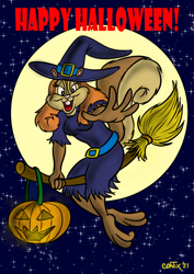 Size: 1240x1754 | Tagged: safe, artist:contix, oc, oc:shirley squirrel (contix), mammal, rodent, squirrel, anthro, 2021, barefoot, bedroom eyes, breasts, broom, broomstick, buckteeth, clothes, costume, feet, female, flying, flying broomstick, full moon, hair, halloween, halloween costume, hat, headwear, holiday, jack-o-lantern, looking at you, moon, night, pumpkin, red hair, sky, smiling, smiling at you, solo, solo female, stars, teeth, toes, vegetables, witch, witch costume, witch hat