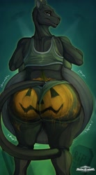 Size: 2000x3628 | Tagged: suggestive, artist:dragons and drawings, big cat, black panther, feline, mammal, anthro, body paint, bottomwear, breasts, butt, clothes, female, high res, huge belly, huge breasts, huge butt, looking at you, looking back, looking back at you, pumpkin, rearboob, short shorts, shorts, solo, solo female, stomach noise, tail, tank top, topwear, vegetables, vore