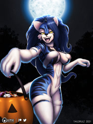 Size: 900x1200 | Tagged: suggestive, artist:tailsrulz, felicia (darkstalkers), oc, oc:felicia (tailsrulz), big cat, feline, mammal, tiger, anthro, capcom, darkstalkers, clothes, costume, female, halloween, halloween costume, solo, solo female