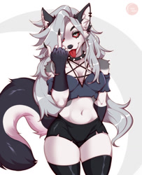 Size: 1041x1280 | Tagged: safe, artist:sheldon_dober, loona (vivzmind), canine, fictional species, hellhound, mammal, anthro, hazbin hotel, helluva boss, 2021, big breasts, breasts, clothes, ear fluff, female, fluff, gray hair, hair, long hair, looking at you, smiling, smiling at you, solo, solo female, tail, tail fluff, thick thighs, thighs