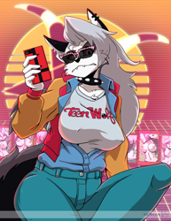 Size: 966x1250 | Tagged: safe, artist:yawg, loona (vivzmind), canine, fictional species, hellhound, mammal, anthro, hazbin hotel, helluva boss, 2021, big breasts, bottomwear, breasts, cell phone, clothes, ears, female, glasses, gray hair, hair, long hair, looking at you, pants, phone, smartphone, solo, solo female, sunglasses, synthwave sun, tail, vaporwave