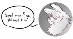 Size: 1541x823 | Tagged: suggestive, artist:panken, part of a set, canine, mammal, wolf, anthro, 2020, dirty talk, english text, explicit source, hair, hair over eyes, male, offscreen character, sharp teeth, simple background, solo, solo male, speech bubble, teeth, text, white background