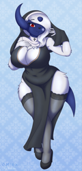 Size: 975x2025 | Tagged: safe, artist:complextree, absol, fictional species, mammal, anthro, nintendo, pokémon, 2021, anthrofied, breasts, cleavage, clothes, commission, dress, female, hair, hand on chest, horn, huge breasts, looking at you, nun, red eyes, side slit, smiling, smiling at you, solo, solo female, tail, thick thighs, thighs, white hair
