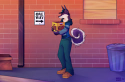 Size: 6500x4257 | Tagged: safe, artist:marykimer, canine, fox, mammal, anthro, 2021, absurd resolution, alley, box, clothes, commission, curled tail, fluff, neck fluff, simple background, smiling, tail, tail fluff, trash can, vynil disk