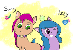 Size: 1104x745 | Tagged: safe, artist:foxy1219, izzy moonbow (mlp), sunny starscout (mlp), cat, feline, mammal, hasbro, my little pony, my little pony g5, my little pony: a new generation, spoiler, spoiler:my little pony g5, 2021, ball, catified, duo, female, grin, one eye closed, smiling, species swap, tennis ball, winking