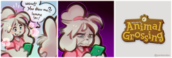 Size: 1378x463 | Tagged: safe, artist:panken, isabelle (animal crossing), canine, dog, mammal, shih tzu, anthro, animal crossing, nintendo, 2020, black outline, blushing, cell phone, comic, duo, english text, gradient background, grimace, phone, smartphone, solo focus, speech bubble, text, white border