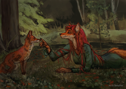 Size: 1200x848 | Tagged: safe, artist:saterina, canine, fox, mammal, anthro, feral, 2019, ambiguous gender, boop, clothes, duo, female, forest, furry confusion, outdoors, signature