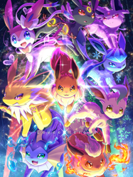 Size: 2655x3541 | Tagged: safe, artist:abilirn, eevee, eeveelution, espeon, fictional species, flareon, glaceon, jolteon, leafeon, mammal, sylveon, umbreon, vaporeon, feral, nintendo, pokémon, 2021, ambiguous gender, ambiguous only, electricity, fire, group, heart, high res, ice, open mouth, paw pads, paws, smiling, underpaw, water