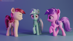 Size: 5760x3240 | Tagged: safe, artist:therealdjthed, amethyst star (mlp), lyra heartstrings (mlp), roseluck (mlp), earth pony, equine, fictional species, mammal, pony, unicorn, feral, friendship is magic, hasbro, my little pony, 2020, 3d, digital art, female, females only, trio, trio female
