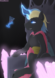 Size: 2480x3507 | Tagged: safe, artist:drawalaverr, oc, oc:king regal, arthropod, changeling, equine, fictional species, feral, cc by-nc, creative commons, friendship is magic, hasbro, my little pony, 2021, alcohol, cape, clothes, drink, gem, glass, glowing, glowing eyes, high res, lidded eyes, looking up, magic, magic aura, male, sitting, solo, solo male, throne, wine, wine glass, wings