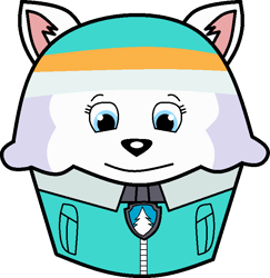Size: 735x756 | Tagged: safe, artist:mega-poneo, everest (paw patrol), canine, dog, husky, mammal, ambiguous form, nickelodeon, paw patrol, 2021, clothes, cupcake, ears, female, food, hat, headwear, jacket, simple background, solo, solo female, topwear, transformation, transparent background