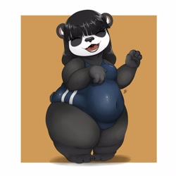 Size: 2500x2500 | Tagged: safe, artist:louart, bear, mammal, panda, anthro, 2021, big belly, clothes, fat, female, high res, laughing, one-piece swimsuit, open mouth, solo, solo female, swimsuit, thick thighs, thighs, uvula, wide hips