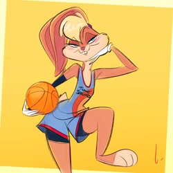 Size: 1500x1500 | Tagged: safe, artist:birchly, lola bunny (looney tunes), lagomorph, mammal, rabbit, anthro, looney tunes, space jam, space jam: a new legacy, warner brothers, 2021, ball, basketball, blonde hair, bottomwear, clothes, ears, female, fur, hair, jersey, paws, pinup, shorts, simple background, solo, solo female, tail, tank top, topwear, yellow background